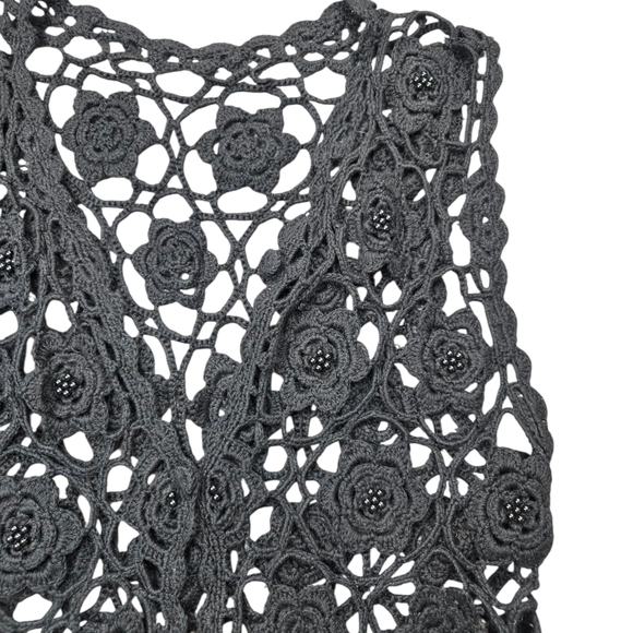 Vintage Crochet Beaded Black Vest Floral Handmade Cotton M L - Picture 3 of 7